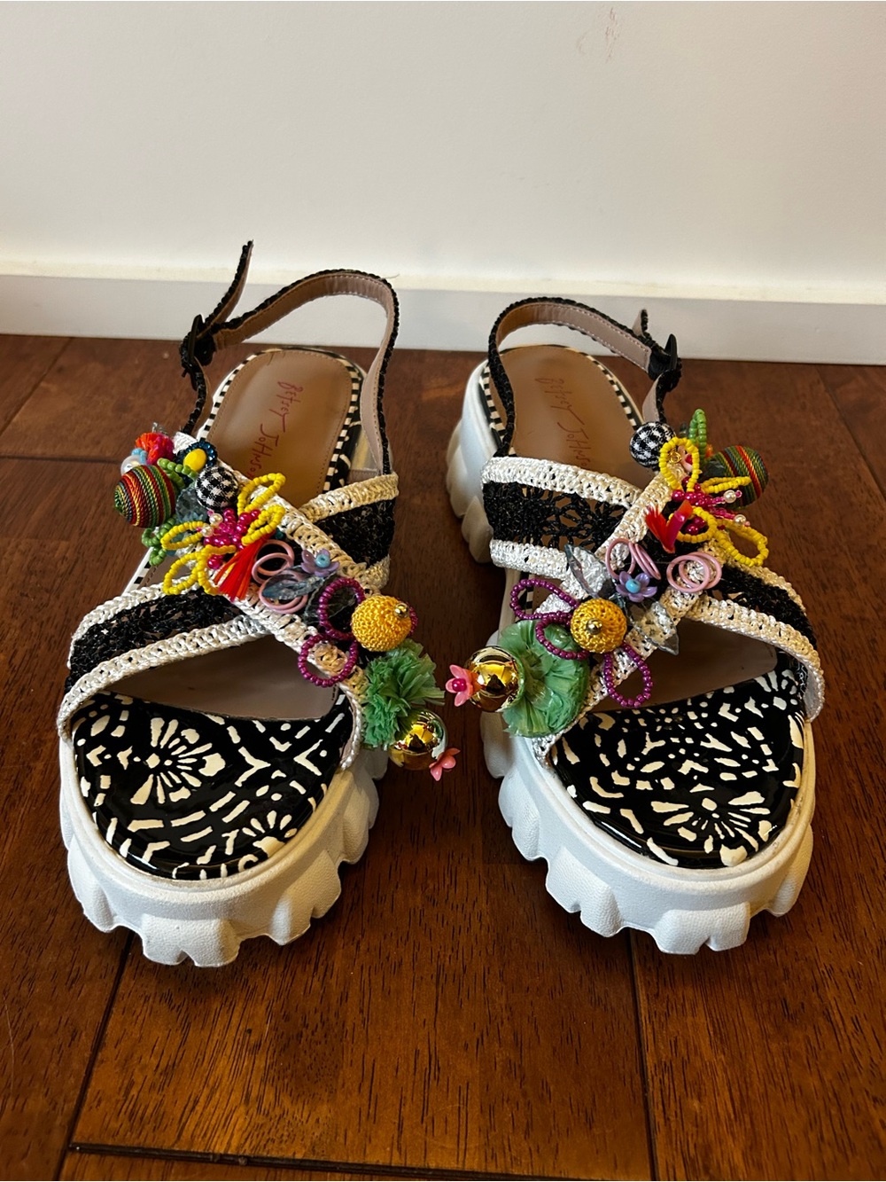 Betsey Johnson Graysen Black & White Beaded Floral Platform Sandal - Picture 2 of 7